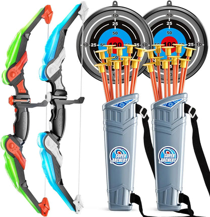 Conjunto de Arco y Flecha para Niños con Luces LED - Juguetes de Tiro con Arco para Niños de 4 a 8 y de 8 a 12 años, con 10 Flechas de Ventosa, Blanco y Carcaj, para Niños