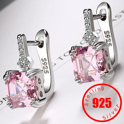 Pendientes de Aro con Piedras Preciosas de Cristal Cuadrado en Plata de Ley 925