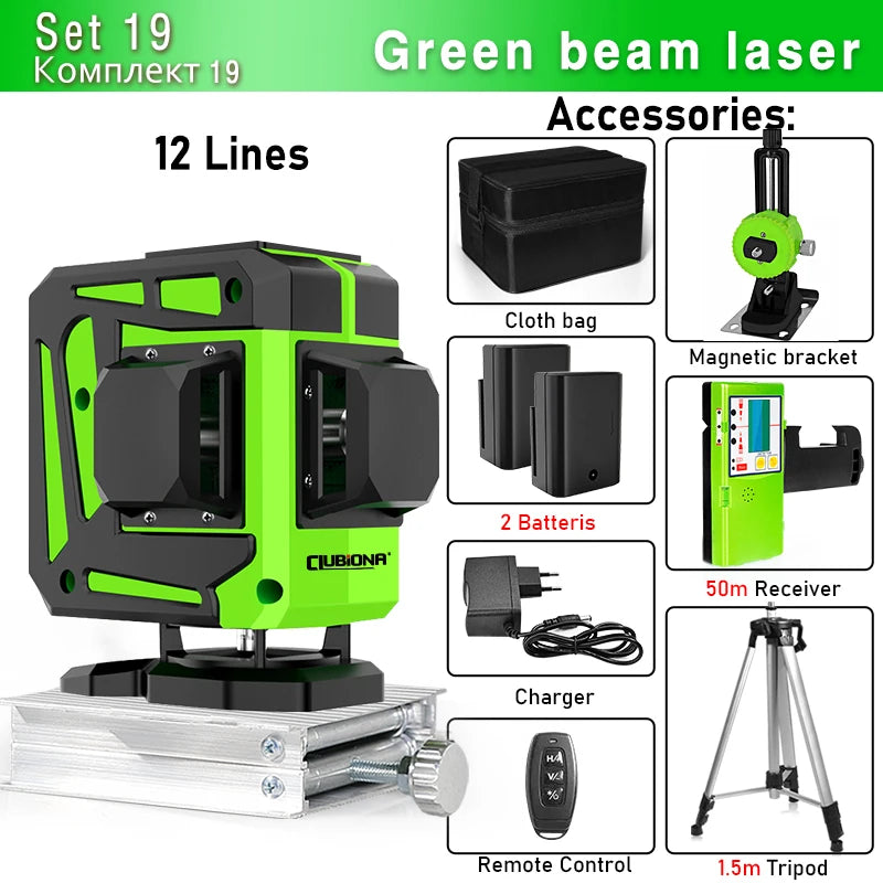 Clubiona Nivel Láser 16/12 Líneas Verde Autonivelante 360° Horizontal y Vertical, Rayo Verde Súper Potente, Herramienta de Nivelación con Modo de Pulso