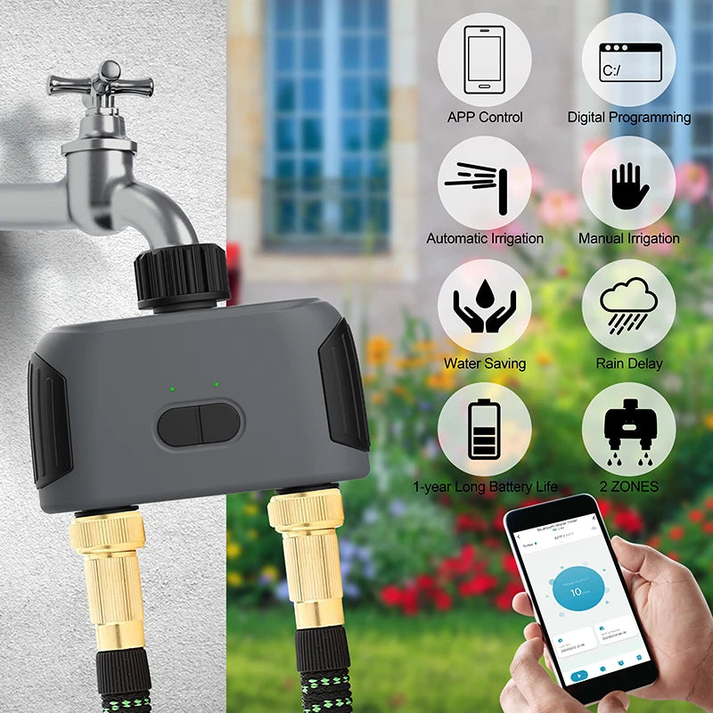 Temporizador de Riego Inteligente de 2 Puertos Tuya con Concentrador Wi-Fi, Compatible con Alexa, Smart Life