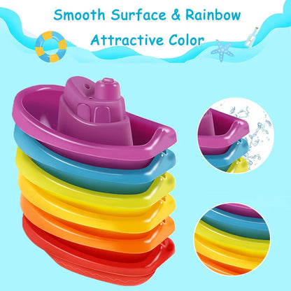 Juguetes de Baño para Bebés - Barquito Apilable con Cucharas, Juguete Educativo de Colores Arcoíris, Regalo de Inteligencia Temprana para Niños