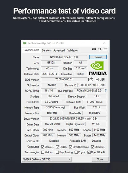 Tarjeta Gráfica Nvidia GT 730 4GB DDR3 - PCIe X16 2.0 con Puertos HDMI, VGA y DVI para PC de Escritorio