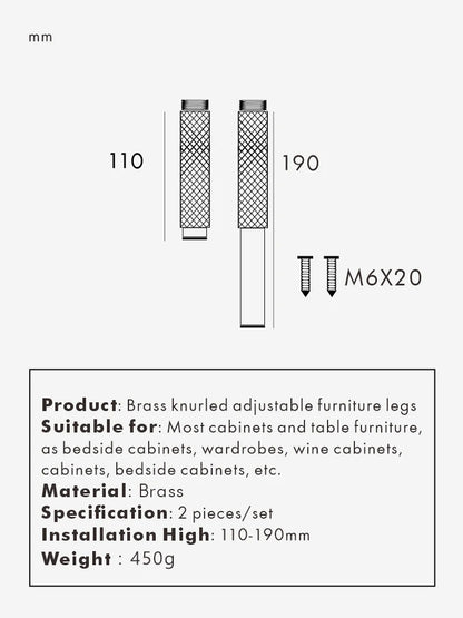 Pies de Gabinete Ajustables Nurlin – Diseño de Corte de Diamante Moleteado en Latón, Patas de Mueble Firmemente Apoyadas en Negro y Oro