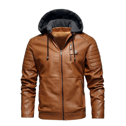 Chaqueta de cuero con forro polar para hombre, abrigos de cuero Pu con capucha, ropa informal para motocicleta, Otoño e Invierno