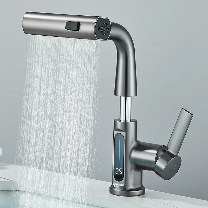 Grifo de Lavabo con Pantalla Digital de Temperatura | Mezclador de Agua Fría y Caliente | Caño Retráctil y Rocío 3 en 1