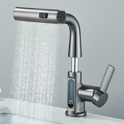 Grifo de Lavabo con Pantalla Digital de Temperatura | Mezclador de Agua Fría y Caliente | Caño Retráctil y Rocío 3 en 1