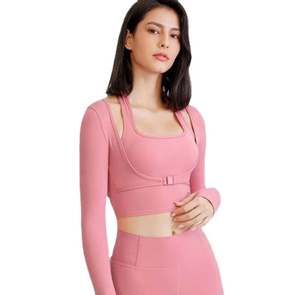 Camiseta Deportiva de Manga Larga para Mujer, 2 en 1 Top Corto para Fitness, Entrenamiento, Yoga, Gimnasio