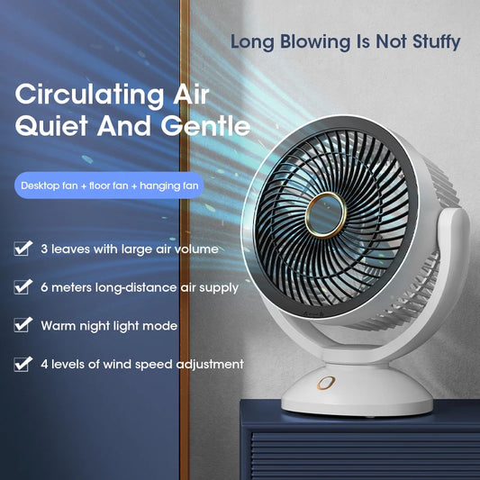Ventilador Eléctrico de Circulación de Aire USB, No Recargable, Portátil, de Escritorio, Montado en Pared, Rotación de 360 Grados con Luz para el Hogar