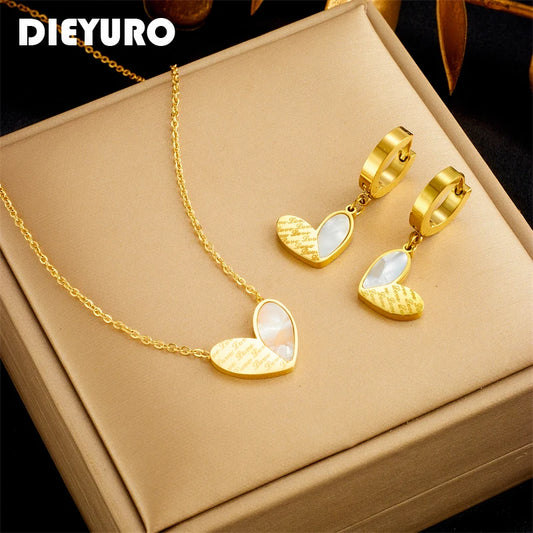 DIEYURO-collar con colgante de corazón de acero inoxidable 316L para mujer y niña, aretes con letras de amor, gargantilla de moda, conjunto de joyería, regalos