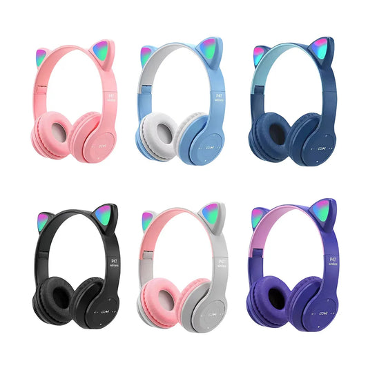 Auriculares con orejas de gato para niños y niñas, audífonos inalámbricos con luz LED RGB, estéreo, Bluetooth, música, PC, regalo para jugadores