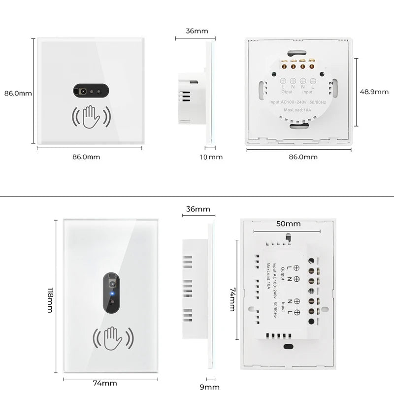 Interruptor de Luz Inteligente de Pared 110V-220V 10A con Sensor de Movimiento Infrarrojo y Panel de Vidrio Antirayaduras