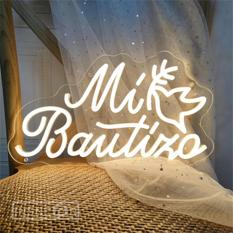 Mi Bautizo Letrero de Neón LED con Montaje Fácil, Alimentado por USB, Decoración para Pared, Fiestas y Hogar