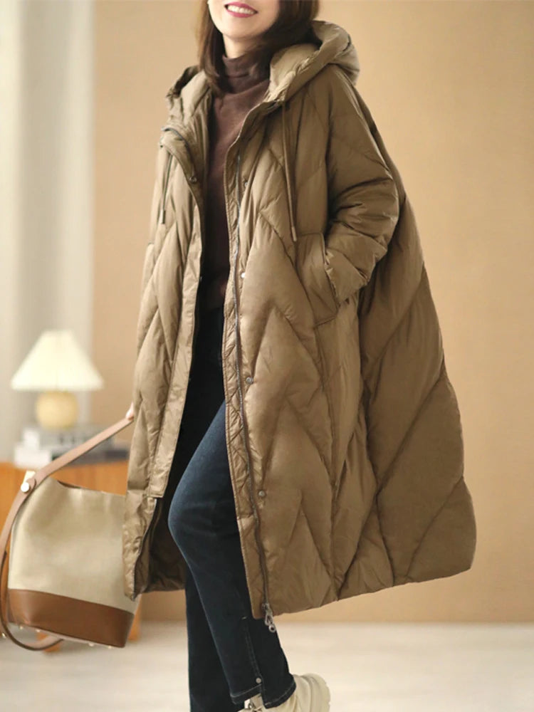 Abrigo largo holgado para mujer, chaqueta de plumón de pato blanco, parka con capucha de plumas, 90%, invierno