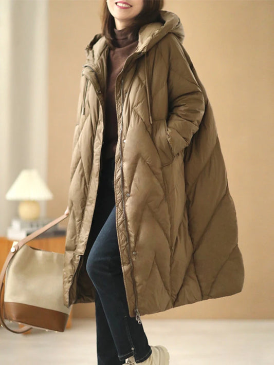 Abrigo largo holgado para mujer, chaqueta de plumón de pato blanco, parka con capucha de plumas, 90%, invierno