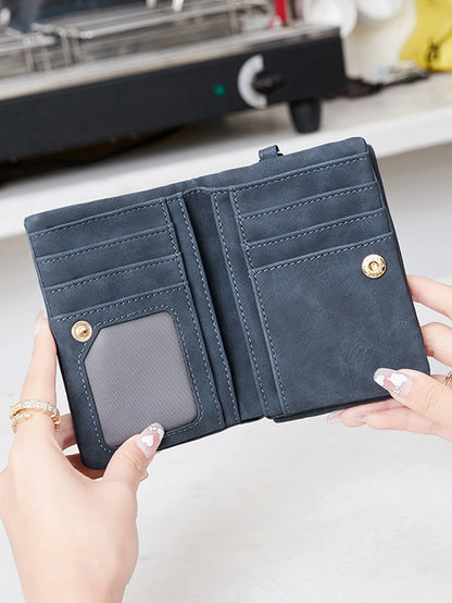 Vintage small double folding zipper with wrist strap short wallet, PU leather portable multi card wallet, with ID window