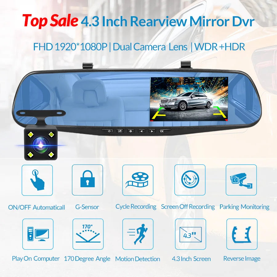 E-ACE Dashcam - Cámara DVR Espejo Retrovisor FHD 1080P con Doble Lente