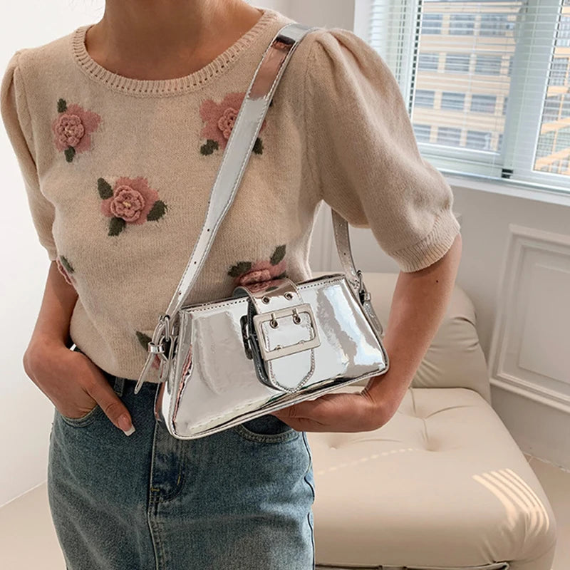 Fashion Women Handbag PU Leather Shoulder Bags Female Casual Solid Color Messenger Bag for Women Luxury Silver Underarm Bag