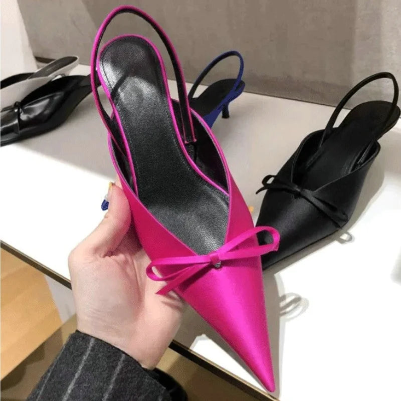 Sandalias con Tacón Alto de Satén y Lazo en Color Rosa Fucsia - Zapatos Sexy de Punta con Correa Trasera, Tacón Aguja, para Mujer
