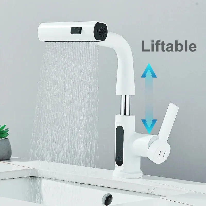 Grifo de Lavabo con Pantalla Digital de Temperatura | Mezclador de Agua Fría y Caliente | Caño Retráctil y Rocío 3 en 1