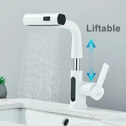 Grifo de Lavabo con Pantalla Digital de Temperatura | Mezclador de Agua Fría y Caliente | Caño Retráctil y Rocío 3 en 1
