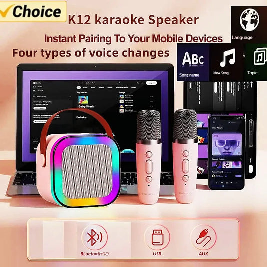 Máquina de Karaoke Bluetooth K12 Portátil - Sistema de Altavoces PA con 1-2 Micrófonos Inalámbricos | Regalos Perfectos para Niños y Familias