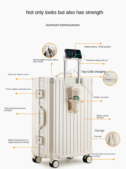 Maleta de Viaje con Marco de Aluminio y Ruedas – Equipaje Recargable de 20'' con Gancho para Teléfono y Soporte para Taza