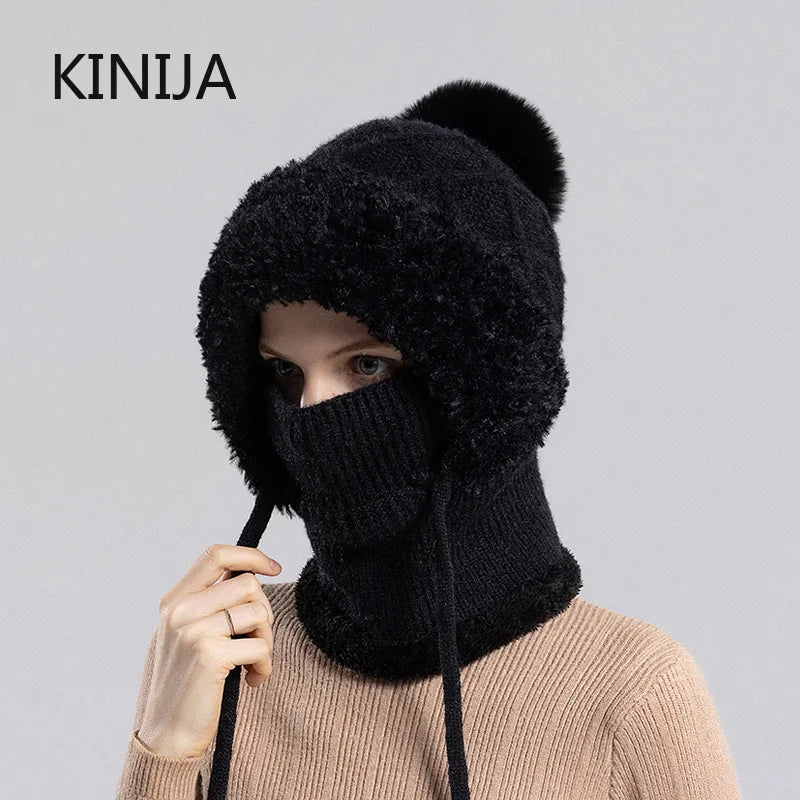 Pasamontañas de Lana de Punto de Terciopelo para Mujer - Gorro Esponjoso con Protección para los Oídos y Máscara de Cuello Integrada