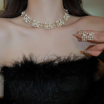 Conjunto de Collar y Pendientes Rectangulares de Perlas de Diamantes de Imitación (3 Piezas)