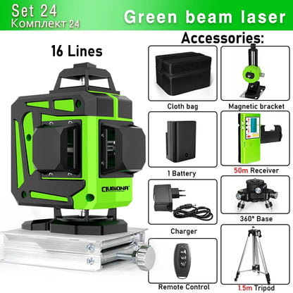 Clubiona Nivel Láser 16/12 Líneas Verde Autonivelante 360° Horizontal y Vertical, Rayo Verde Súper Potente, Herramienta de Nivelación con Modo de Pulso
