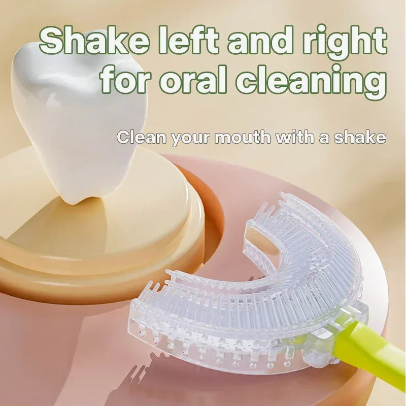 Cepillo de dientes en forma de U para bebé, 360 grados, cepillo de limpieza para el cuidado bucal, de silicona suave, artículos para bebé de 2 a 12 años