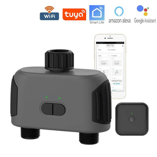 Temporizador de Riego Inteligente de 2 Puertos Tuya con Concentrador Wi-Fi, Compatible con Alexa, Smart Life