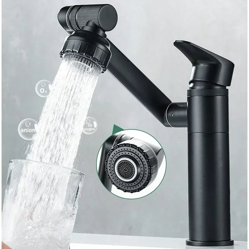 Grifo Giratorio de 1080° para Lavabo de Baño | Mezclador Montado en Cubierta a Prueba de Salpicaduras con Cabezal de Ducha y Aireador