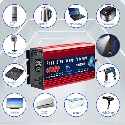 Inversor de Onda Sinusoidal Pura 12V/24V a 110V/220V - Convertidor de Voltaje Portátil 2000W-5000W para Coche y Energía Solar