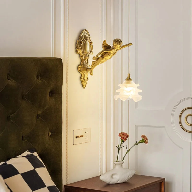 Lámpara de Pared de Cristal con Flor Colgante y Ángel de Cobre de Estilo Vintage Francés, Iluminación de Cabecera de Palacio, Pasillo, Entrada, Porche, Balcón