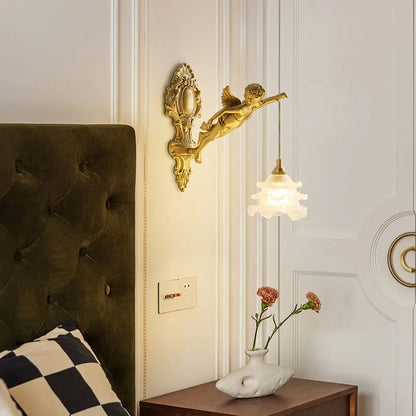 Lámpara de Pared de Cristal con Flor Colgante y Ángel de Cobre de Estilo Vintage Francés, Iluminación de Cabecera de Palacio, Pasillo, Entrada, Porche, Balcón