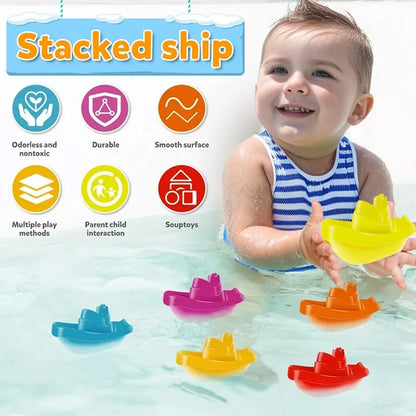 Juguetes de Baño para Bebés - Barquito Apilable con Cucharas, Juguete Educativo de Colores Arcoíris, Regalo de Inteligencia Temprana para Niños