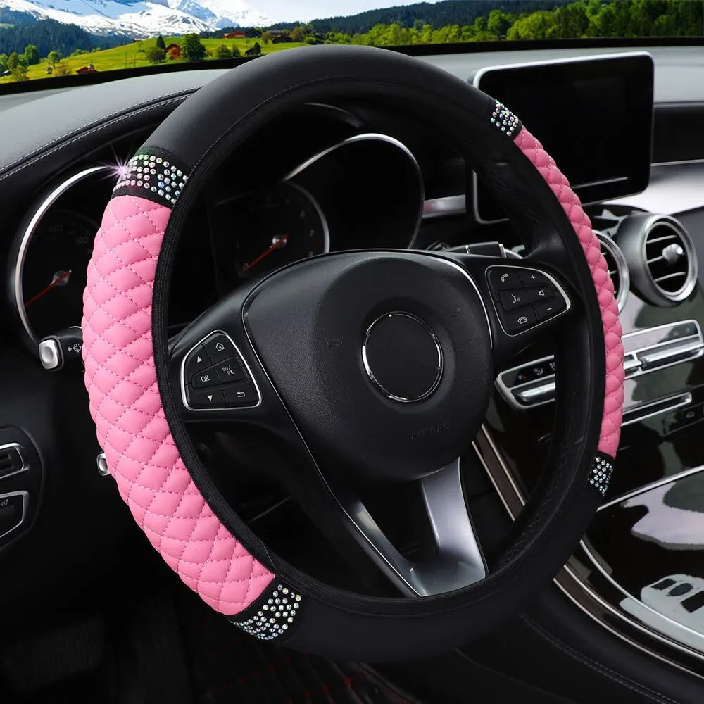 Funda para volante de coche sin anillo interior, cuero tridimensional bordado de Color con diamantes incrustados, transpirable, 37-38cm