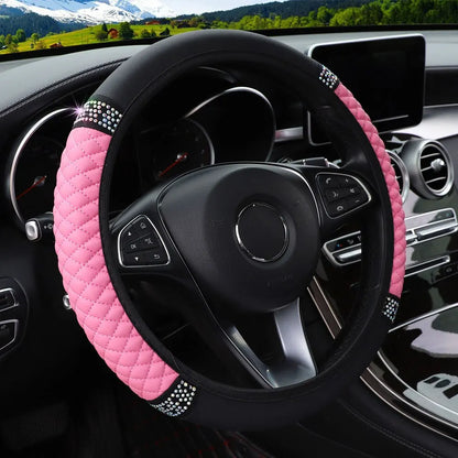 Funda para volante de coche sin anillo interior, cuero tridimensional bordado de Color con diamantes incrustados, transpirable, 37-38cm