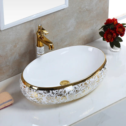 Juego de Lavabos de Cerámica con Diseño de Flores | Lavabo Sobre Encimera en Acabado Dorado para Baño