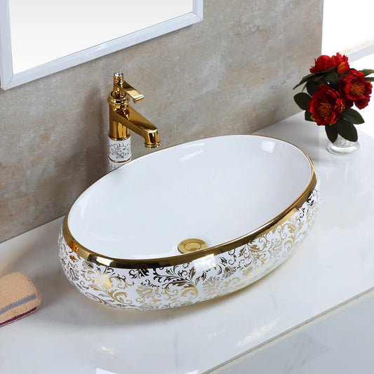Juego de Lavabos de Cerámica con Diseño de Flores | Lavabo Sobre Encimera en Acabado Dorado para Baño