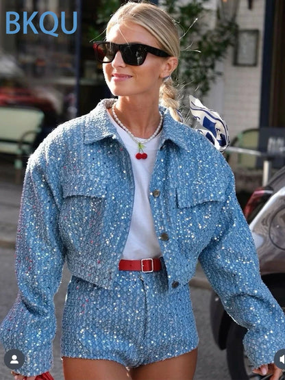 Conjunto de Dos Piezas de Denim con Lentejuelas para Mujeres – Top Corset Sin Tirantes y Pantalones de Pierna Ancha