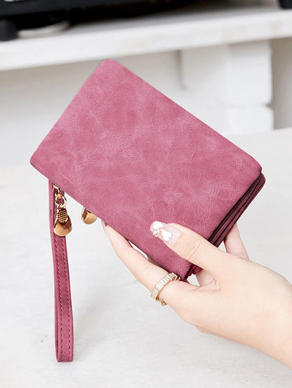 Vintage small double folding zipper with wrist strap short wallet, PU leather portable multi card wallet, with ID window