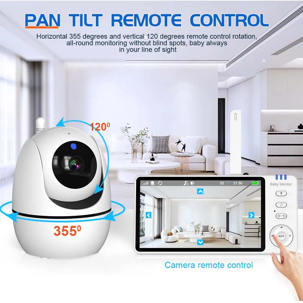 Monitor para Bebés 2 Pcs Cámara IP PTZ Inalámbrica Interior con Pantalla de 5 Pulgadas, Vigilancia de Video, Termómetro, Canciones de Cuna