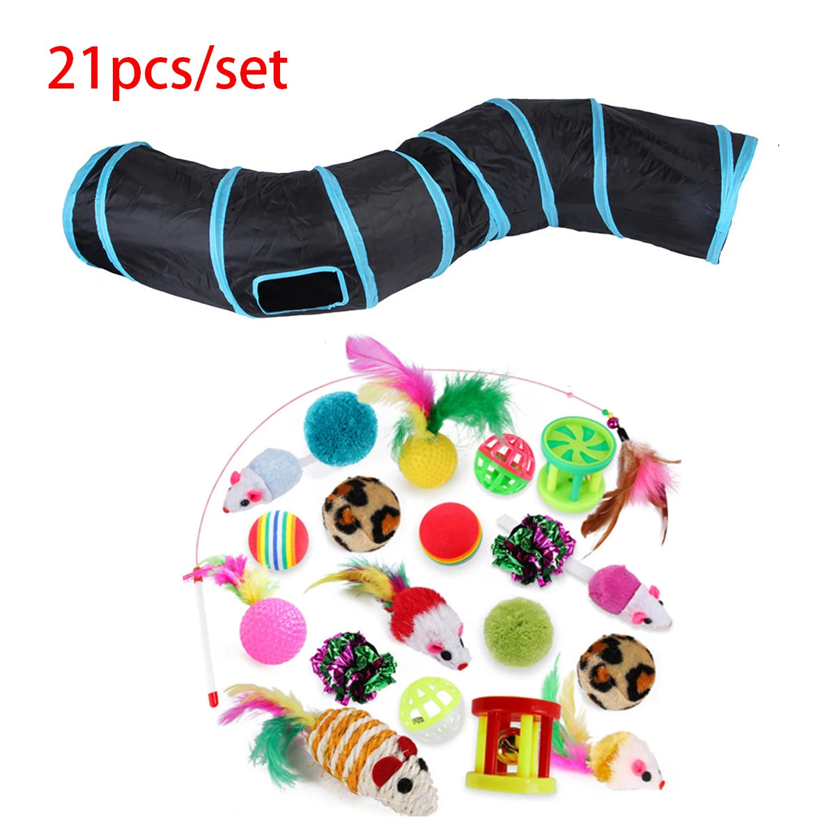 Sonajero para Gatos y Túnel de Papel Arrugado, Juguetes para Gatos Pequeños, Túnel Plegable de Poliester y Algodón, Tienda y Juguetes para Gatos, 21 Piezas