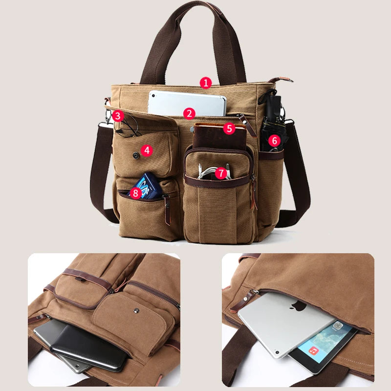 Canvas Briefcase for Men Business Messenger Bag 13 inch Laptop Vintage Shoulder Bag for Women and Men