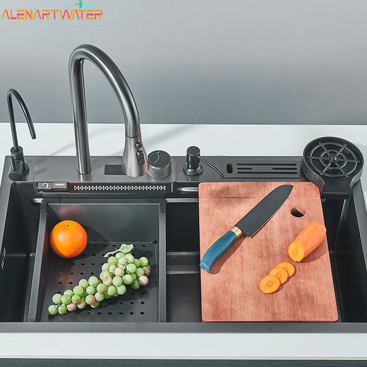 Fregadero de Cocina de Acero Inoxidable con Cascada y Pantalla Digital | Gran Fregadero de Un Solo Cuenco | Multifuncional con Tacto