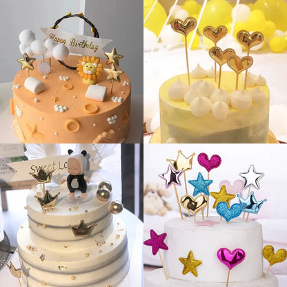 50/100PCS Cake Decoration Shiny Skin Reflective Heart Five Pointed Star Crown Birthday Dessert Table Baking Wedding Party