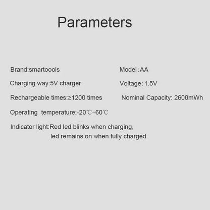 Batería Recargable USB de Alta Capacidad de 1.5V AA, 2600 mWh para Ratones, Juguetes, Relojes y Control Remoto con Cable