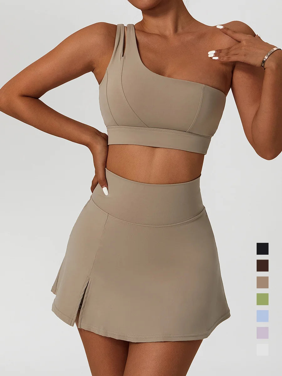 Conjunto Deportivo de Yoga para Mujer con Falda y Top - Set de Gimnasio y Fitness de Cintura Alta y Sosten Bra de un Hombro