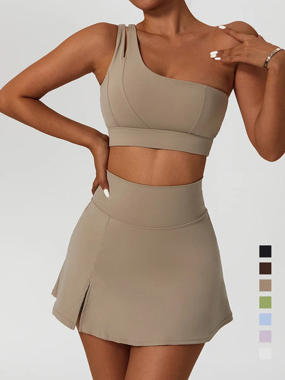 Conjunto Deportivo de Yoga para Mujer con Falda y Top - Set de Gimnasio y Fitness de Cintura Alta y Sosten Bra de un Hombro
